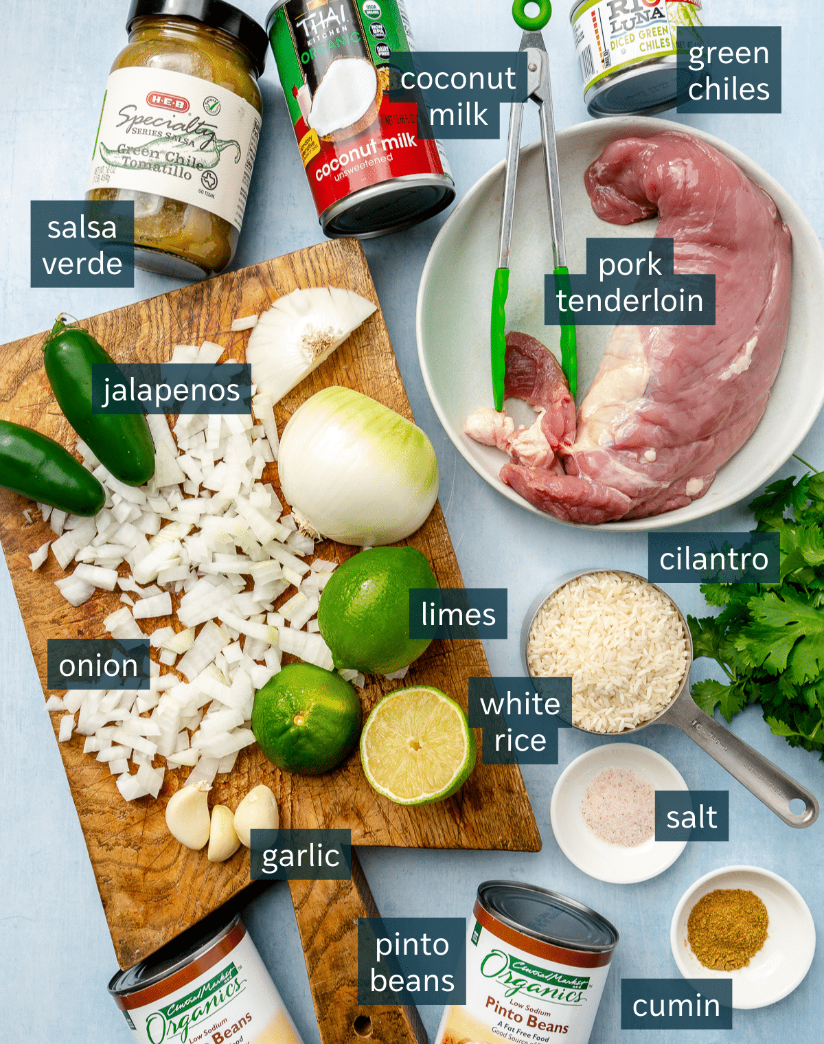 All of the ingredients needed for pork chili verde measured out on a light blue background.