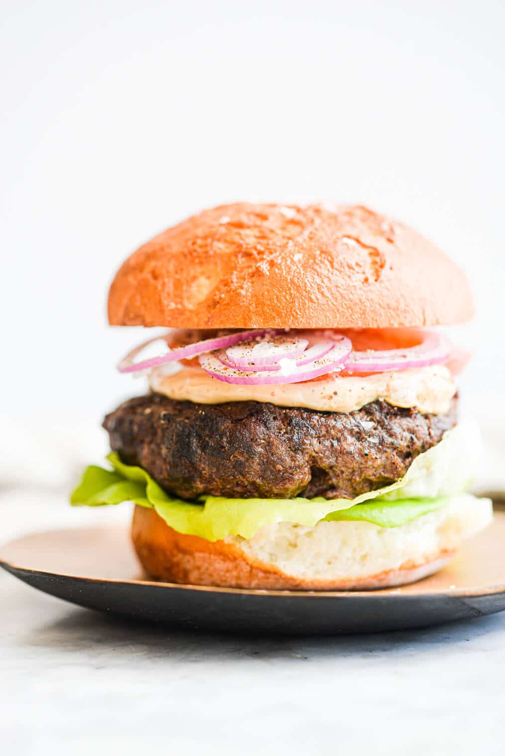 a beef burger on a bun topped with lettuce, tomato, red onion, and chipotle mayo