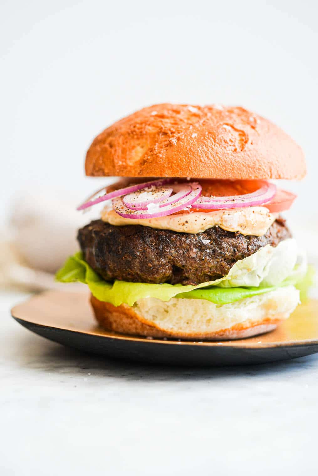 a beef burger on a bun topped with lettuce, tomato, red onion, and chipotle mayo.