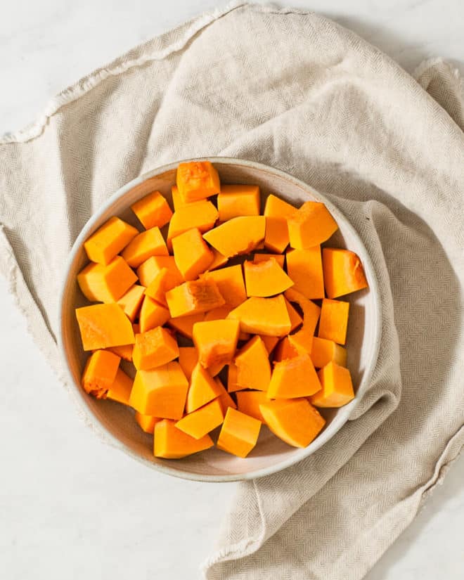 cubed butternut squash in a bowl