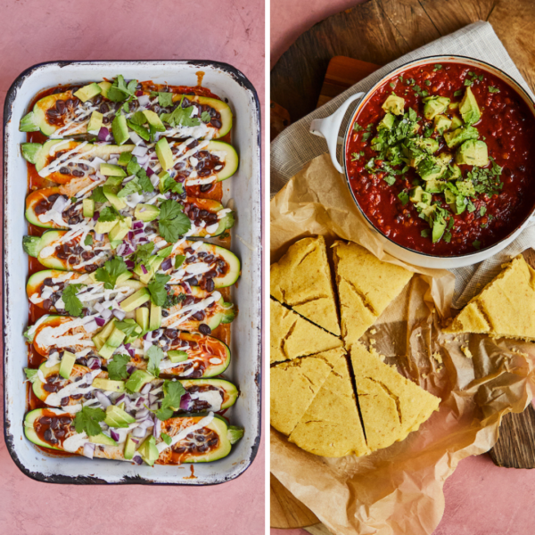 2 dinners using black beans -- enchilada zucchini boats and vegetarian chili with vegan cornbread