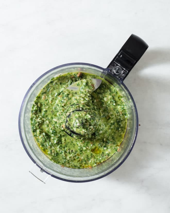 homemade pesto that's just been pulsed in a food processor