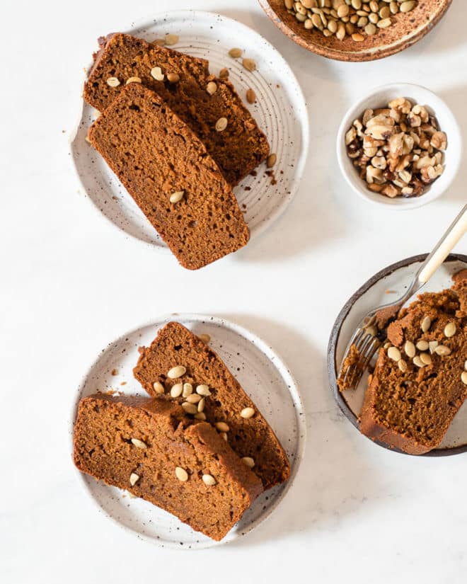 slices of healthy pumpkin bread on plates