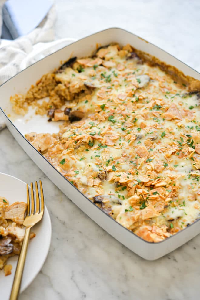 a casserole dish of creamy chicken rice casserole