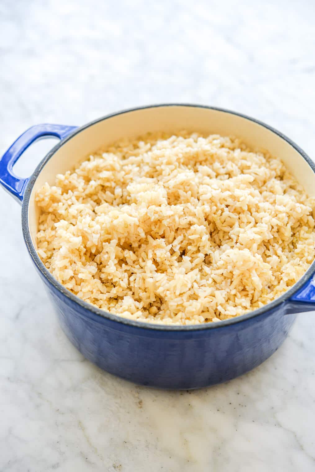 an enameled cast iron pot filled with fluffy brown rice