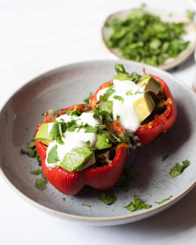 a plate with two tex mex stuffed peppers on it