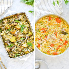 pesto chicken bake and chicken noodle soup dinners