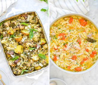 pesto chicken bake and chicken noodle soup dinners