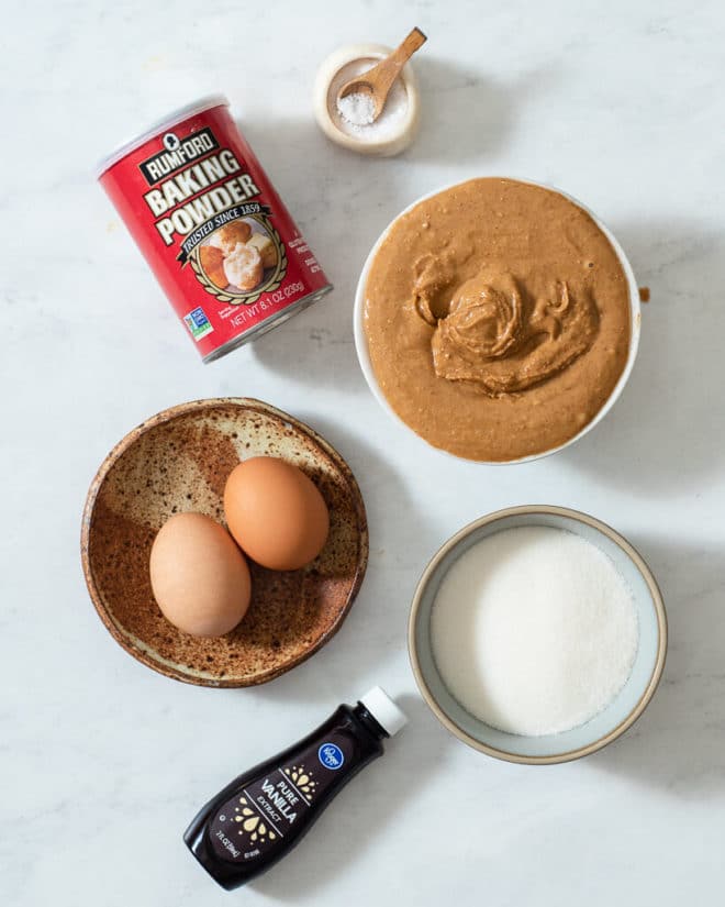 ingredients for keto peanut butter cookies on a marble surface