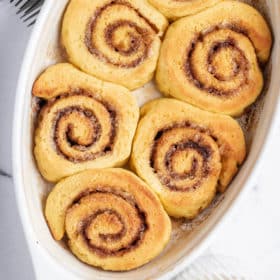 a baking dish of gluten free cinnamon rolls