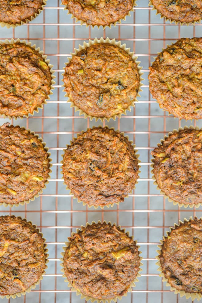 morning glory muffins on a cooling rack