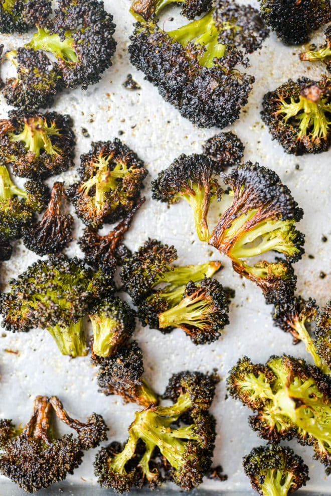 roasted broccoli florets on a sheet pan