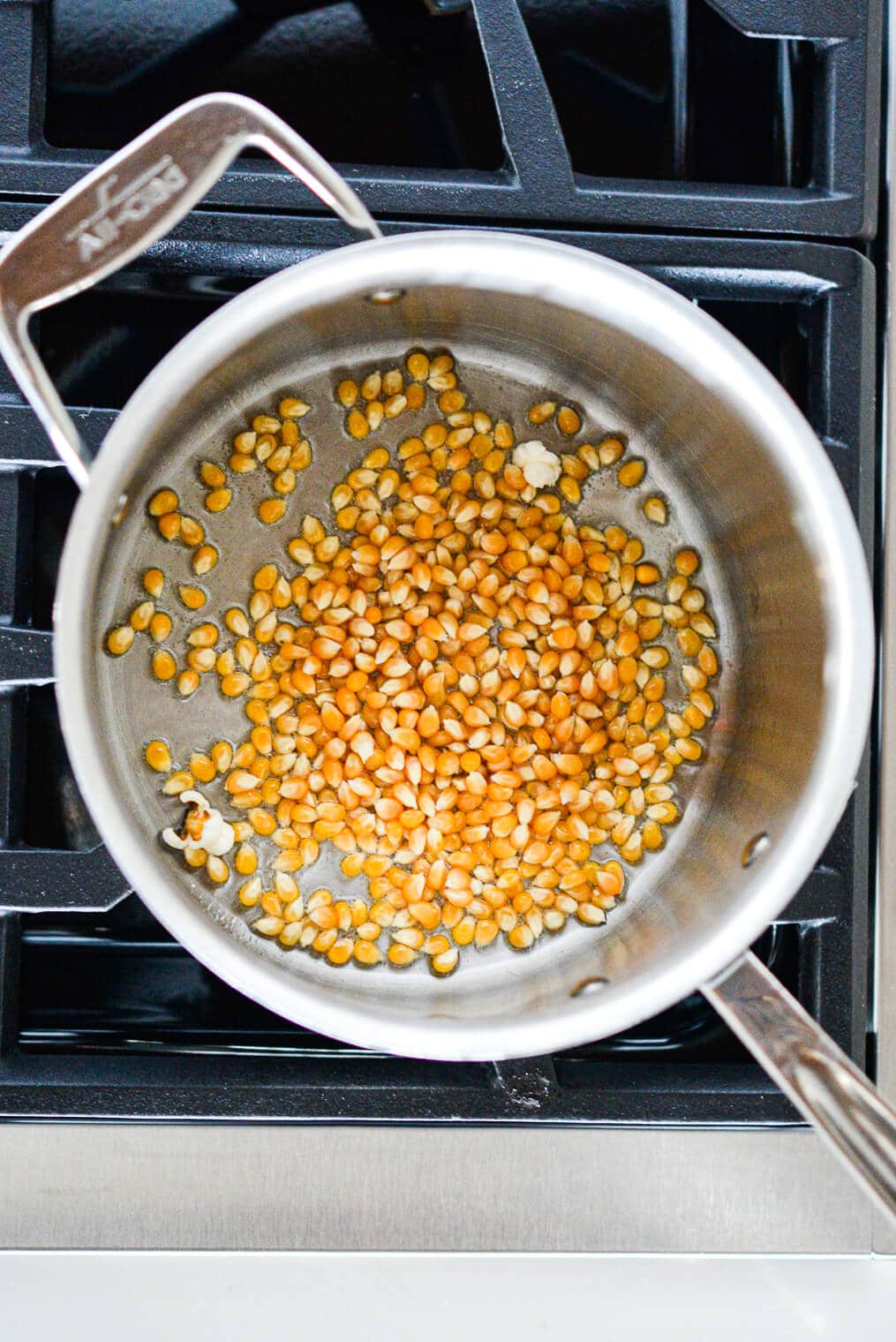 Stainless steel pot with popcorn kernels and oil sitting on stovetop