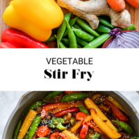 Picture of assorted raw vegetables and cooked vegetable stir fry separated by the words "Vegetable Stir Fry" in black letters.