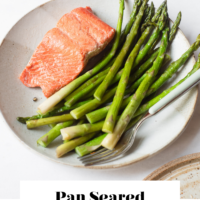 White plate with cooked salmon filet, asparagus spears, and silver fork with white handle. White text box at the bottom with the text, "Pan Seared Salmon and Asparagus."