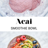 Blender with blended smoothie and bowl with smoothie topped with an assortment of fruit separated by the words "Acai smoothie bowl" in black letters.
