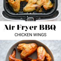 Air fryer wings in the air fryer drawer and a plate of bbq wings separated by the words "Air Fryer BBQ Chicken Wings"
