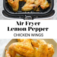 Air fryer wings in the air fryer drawer and a plate of lemon pepper wings separated by the words "Air Fryer Lemon Pepper Chicken Wings"