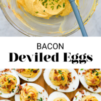 Top image: Deviled egg filling topped with chives. Bottom image: Bacon Deviled Eggs on a wooden surface. Separated by the words "bacon deviled eggs" in black letters.