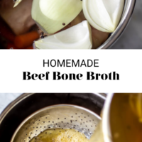 Top photo: Instant pot with water, bones, onion, bay leaves, peppercorn, and garlic floating. Bottom photo: Bone broth being poured into a colander siting in a bowl. Separated by the words "Homemade Beef Bone Broth" written in black letters with fedandfit.com in black letters on the bottom.