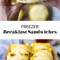 Top Photo: Two hands holding a breakfast sandwich. Bottom photo: Casserole dish with 12 breakfast sandwiches lined up in 2 rows. Separated by the words "Freezer Breakfast Sandwiches" written in black letters with fedandfit.com in black letters on the bottom.
