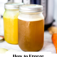 Two mason jars with frozen bone broth (one brown in color, one yellow in color) staggered with an Instant Pot blurred in the background and the words "How to Freeze Bone Broth" written in black underneath and "Fed + Fit" in golden orange.