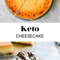 Top photo: Whole cheesecake. Bottom photo: Slice of cheesecake topped with whipped cream and drizzled with chocolate on a white plate with a copper fork. Separated by the words "Keto Cheesecake" written in black letters with fedandfit.com in black letters on the bottom.
