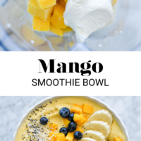 Top image: mango smoothie ingredients in a blender. Bottom image: Mango smoothie bowl topped with fruit, chia seeds, and coconut flakes separated with the words "Mango smoothie bowl" in black letters.