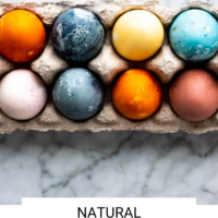 Egg carton with multi-colored dyed eggs with the words "Natural Egg Dye" written in black underneath and "Fed + Fit" in golden orange.