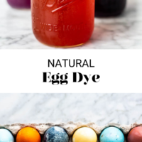 Top photo: Mason jars with colored egg dye. Bottom photo: Egg carton with multi-colored dyed eggs. Separated by the words "Natural Egg Dye" written in black letters with fedandfit.com in black letters on the bottom.