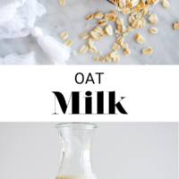 Top image: measuring cup with dry oats. Bottom image: jar of oat milk with measuring cup with dry oats. Separated by the words "Oat Milk" in black letters and fedandfit.com on the bottom.