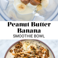 Top image: Peanut butter smoothie ingredients in a blender. Bottom image: Peanut butter smoothie bowl topped with sliced banana, granola, and peanut butter drizzle. Separated by the words "peanut butter banana smoothie bowl" in black letters and fedandfit.com on the bottom.