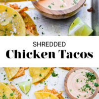 Top image: Chicken taco being dipped into dipping sauce. Bottom image: Sheet pan of chicken tacos with dipping sauce. Separated by the words "Shredded Chicken Tacos" in black letters and fedandfit.com on the bottom.