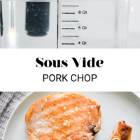 Top Photo: 12 quart clear container with Sous Vide machine in background. Bottom photo: two cooked bone-in pork chops on a plate. Separated by the words "Sous Vide Pork Chop" written in black letters with fedandfit.com in black letters on the bottom.