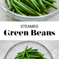 Top image: Bowl of green beans. Bottom image: Bowl of steamed green beans. Separated by the words "Steamed Green Beans" in black letters and fedandfit.com on the bottom.