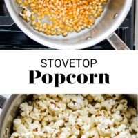 Top image: Pot with popcorn kernels on the stovetop. Bottom image: Pot with popped corn. Separated by the words "Stovetop popcorn" in black letters and fedandfit.com on the bottom.