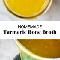 Top photo: Top down view of jar with bone broth inside. Bottom photo: Bone broth being poured through a back and turquoise silicone funnel. Separated by the words "Homemade Turmeric Bone Broth" written in black letters with fedandfit.com in black letters on the bottom.