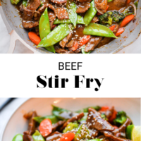 To image: Saute pan with beef stir fry ingredients. Bottom image: Beef stir fry in a bowl with noodles. Separated by the words "Beef stir fry" in the middle and "fedandfit.com" in black letters on the bottom.
