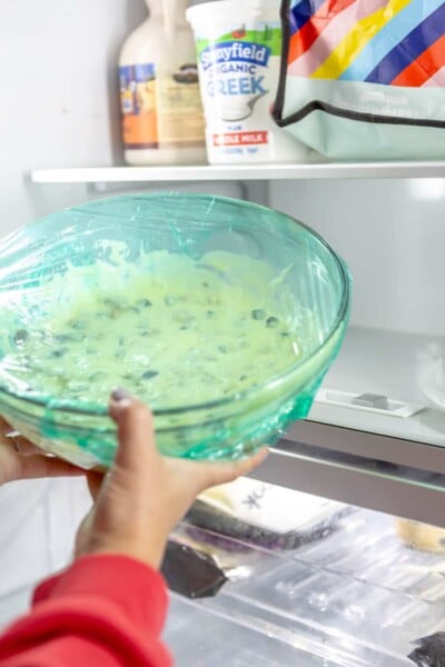 Cookie dough in a glass bowl covered with green plastic wrap being put into the refrigerator.