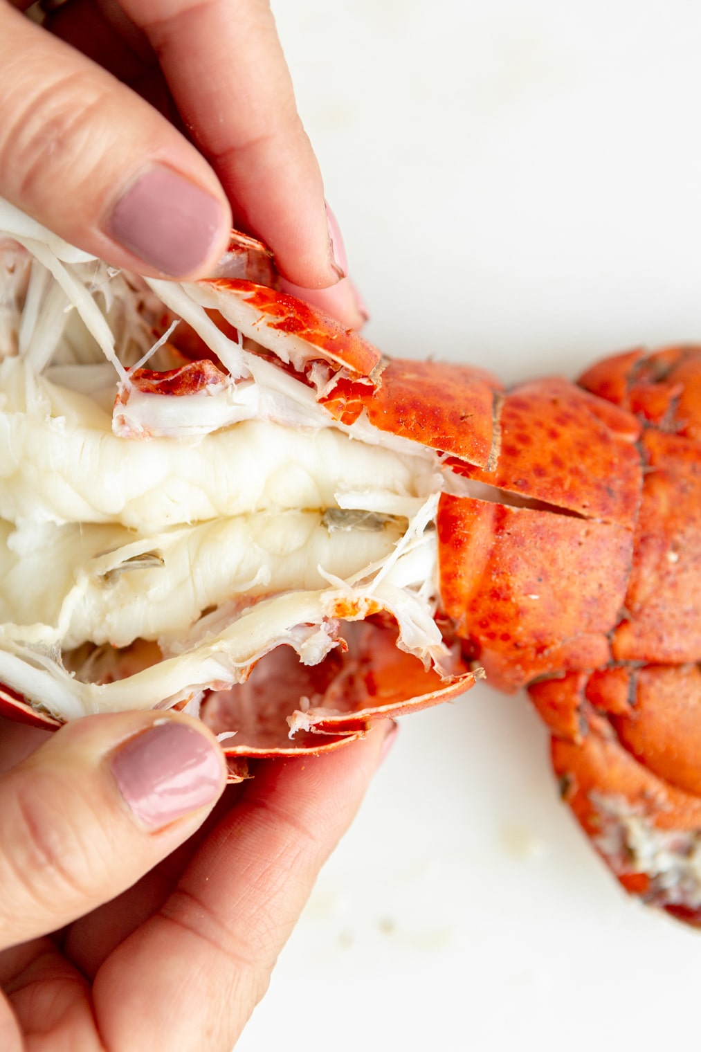 A person using their hands to separate the shell of a lobster tail.