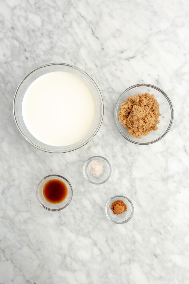 Brown sugar creamer ingredients on a gray and white marble surface.