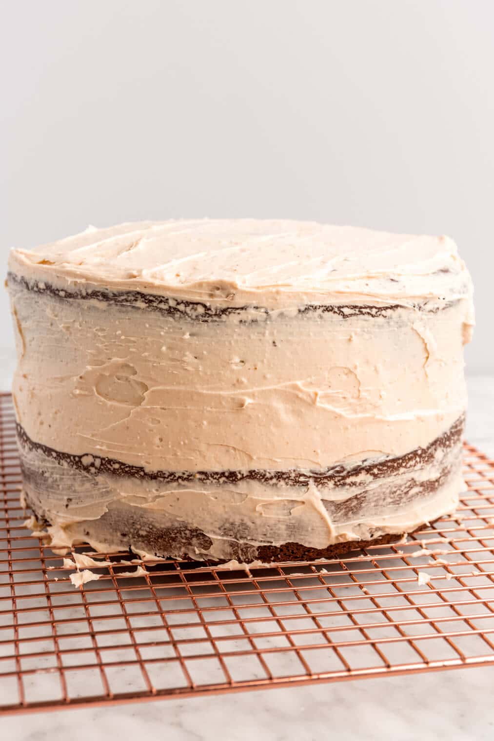 Double layer cake with a crumb coat of frosting.