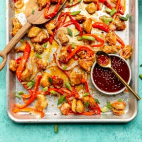 Sheet Pan Sticky Sweet and Sour Chicken (Baked and Easy)