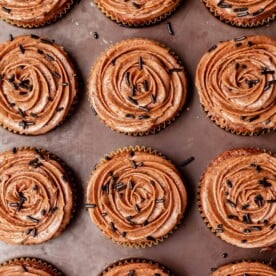 Top down view of 12 chocolate cupcakes topped with chocolate buttercream frosting swirled on top with chocolate sprinkles.