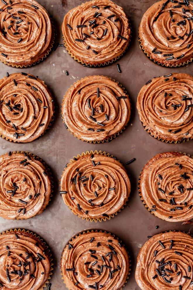 Top down view of 12 chocolate cupcakes topped with chocolate buttercream frosting swirled on top with chocolate sprinkles.