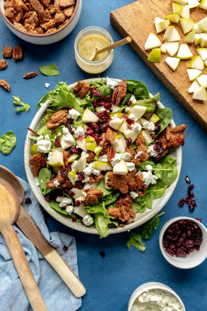 Mixed green salad garnished with goat cheese, candied pecans, pears, and dried cranberries in a large, white bowl on a blue table surrounded by small bowls of garnish, diced pears, salad dressing, and salad servers.
