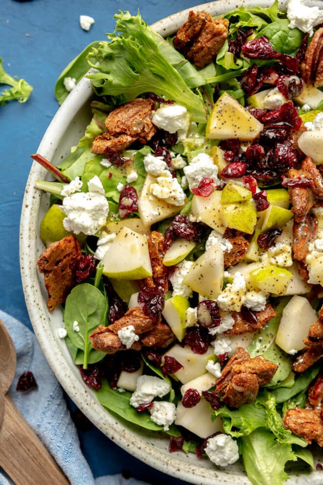 Close up view of mixed green salad garnished with diced pears, goat cheese crumbles, candied pecans, and dried cranberries with dressing. 