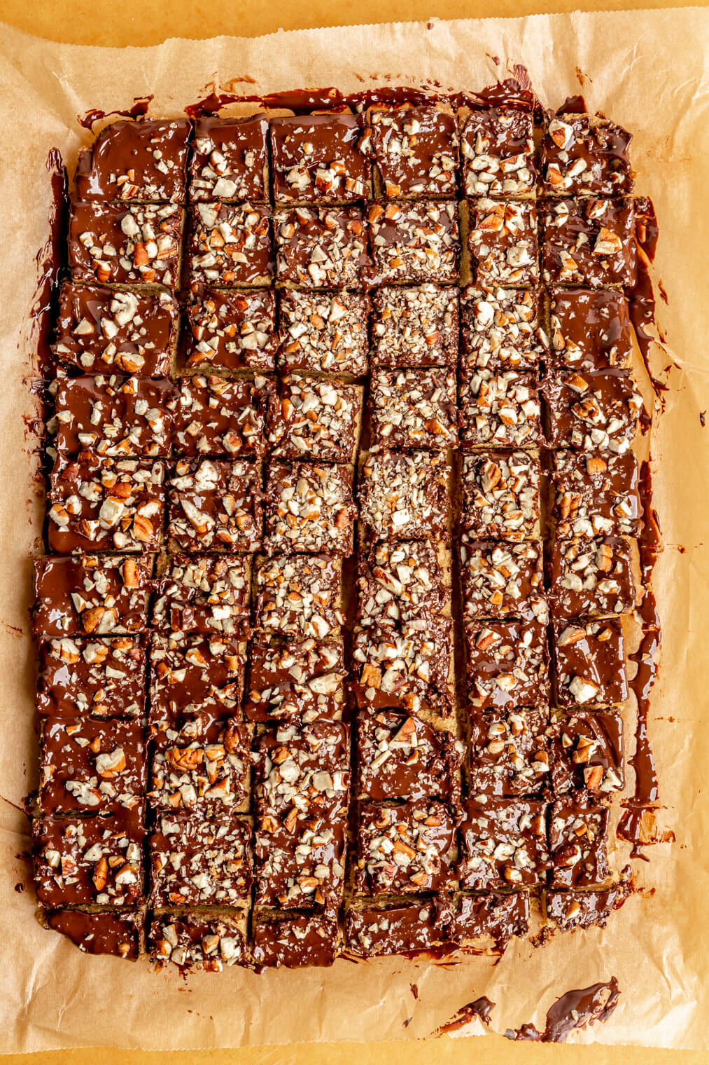 Toffee squares cut into pieces.
