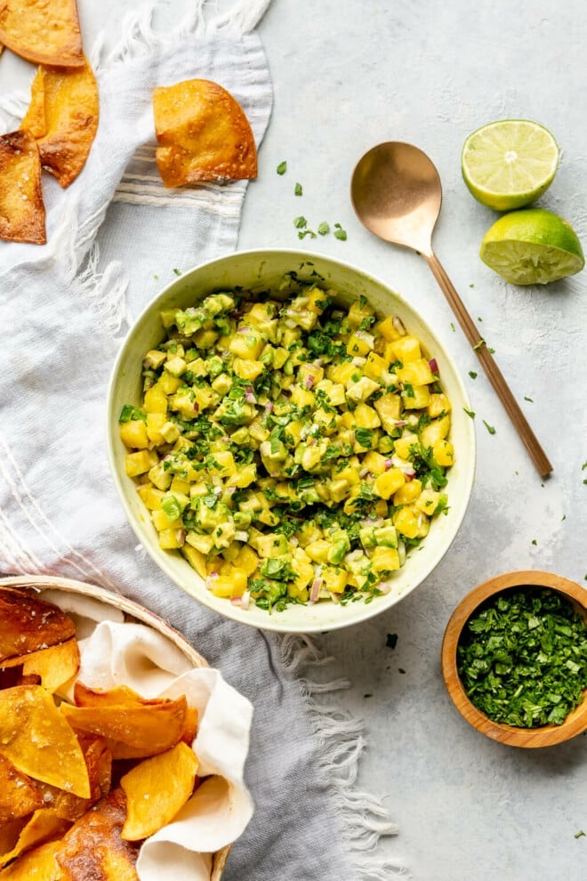 A white bowl of pineapple salsa on a grey and white marble surface. There are fresh tortilla chips to the bottom left and sprinkled near the top. There is also a copper spoon to the top right and a wooden bowl of cilantro to the bottom right.