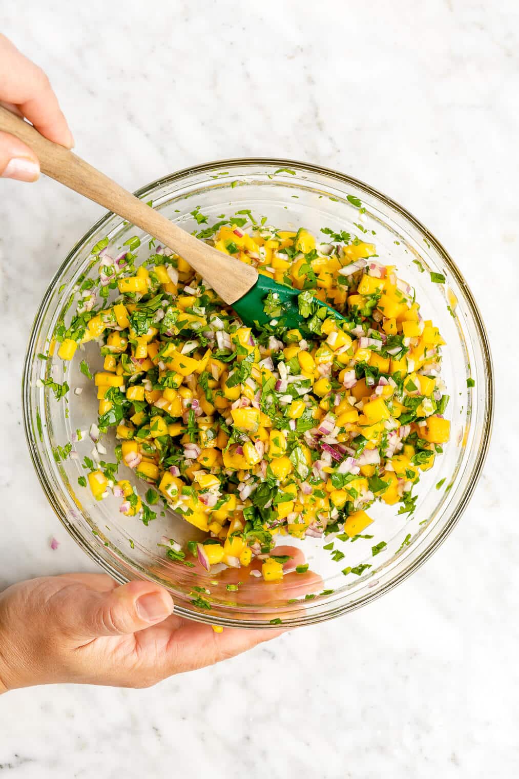 All of the ingredients for mango salsa (red onion, mango, serrano pepper, cilantro, garlic, lime juice, and sea salt) in a clear bowl being stirred with a spatula.